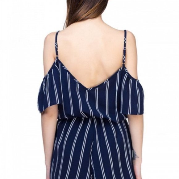 Pinstripe Cold Shoulder Romper Jumpsuit Shorts - Picture 5 of 7